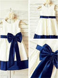 A-line Scoop Sleeveless Bowknot Tea-Length Satin Flower Girl Dress With Blue Sash OK711