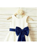 A-line Scoop Sleeveless Bowknot Tea-Length Satin Flower Girl Dress With Blue Sash OK711