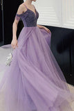 Elegant Cold Shoulder Beaded Lilac Tulle A Line Long Prom Party Dress OK1394