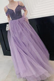 Elegant Cold Shoulder Beaded Lilac Tulle A Line Long Prom Party Dress OK1394