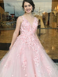 Elegant Pink Ball Gown Prom Dress With Lace Appliques OKO90