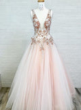 Charming A-Line V-Neck Floor-Length Pink Tulle Prom Dresses with Appliques Beading PW533