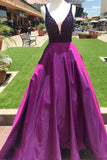 Purple A Line Beading V Neck Prom Gowns With Pockets Cheap Formal Evening Dress OKI65