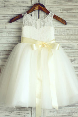 A-Line Round Neck White Flower Girl Dresses with Lace Sash OKP24