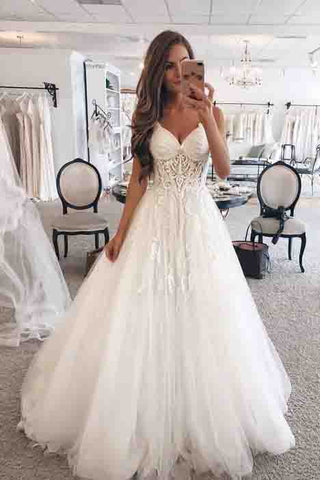 Elegant A-Line Spaghetti Straps Long Tulle Wedding Dresses with Appliques OKF1