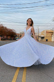 Shiny Sequins V-neck A Line Long Prom Dress Formal Evening Dress OK1297