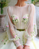 A-line Long Sleeves Tulle Long Prom Dress With Embroidery OKT99