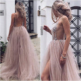 Dusty Pink A Line Tulle Prom Dresses, V Neck Long Graduation Dress with Rhinestone OKJ48