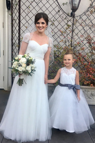 Light Ivory Lace Tulle Long Sleeveless Flower Girl Dresses With Dark Grey Sash/Bows OK212