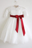 Long Sleeves Ivory Burgundy Sash Bows Lace Tulle Flower Girl Dresses OK211