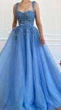 A Line Blue Appliques Prom Dress Long Formal Evening Party Dress Celebrity Gown OK1633