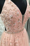 Blush V Neck Prom Dresses with Straps, Long Prom Gown with Appliques OKJ49