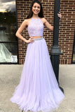 Two Piece Halter Backless Tulle Lavender Prom Dresses with Lace Beading OKI75