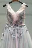 Appliques Long Prom Dress A-line V Neck Tulle Evening Dress OKU14