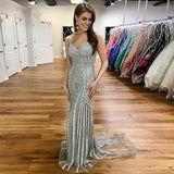 Silver Beaded Long Spaghetti Strap Mermaid Prom Dress OKE56