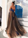 Modest Tulle Strapless A-line Long Prom Dress With Lace Appliques OK916