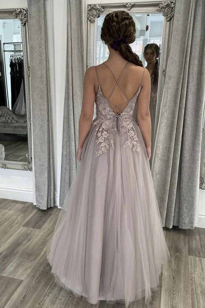 A Line Tulle Lace Appliques Long A line Prom Dress Flooe Length Formal Evening Dress OK1310