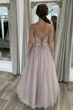 A Line Tulle Lace Appliques Long A line Prom Dress Flooe Length Formal Evening Dress OK1310