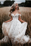 Off The Shoulder A-line Tulle Lace Appliques Long Beach Wedding Dress OKY3