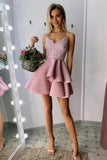 Cute Pink Lace Appliques Short Prom Dress Spaghetti Straps Homecoming Dress OKY86