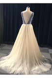 A Line V Neck Beading Tulle Long Prom Dresses, Party Dresses OKE84