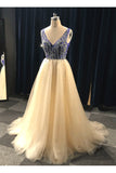 A Line V Neck Beading Tulle Long Prom Dresses, Party Dresses OKE84