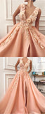 Charming V neck Long Prom Dresses,Tulle Evening Party Dress with Flower OKH55