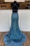 Ice Blue Sequined Criss Cross Mermaid Spaghetti Straps Long Prom Dress OK1527