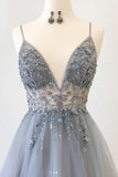 Gray Spaghetti Straps Beaded Tulle A-line Prom Dress Evening Party Dress OKS52