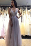 A Line V neck Floor Length Tulle Prom Dress Beaded Formal Evening Gowns OKY14