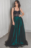 A Line Long Dark Green Black Straps Prom Dress, Cheap Evening Gown OKH71