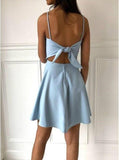 A-line Spaghetti Straps Above-Knee Light Blue Satin Homecoming Dress OKY73