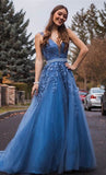 A-line Blue Long Beaded Prom Dress  Formal Lace Appliques Prom Gowns OKT42