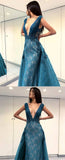 A-Line Deep V-Neck Lace Blue Floor Length Prom Dress OKF49