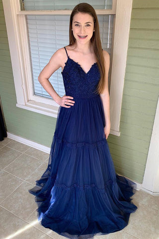 A Line Spaghetti Straps Dark Blue Tulle Long Prom Dress OKJ38