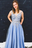 Gorgeous A-Line Appliques Floral Sky Blue Long Prom Dresses OKO2