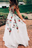 Charming V Neck Floral Embroidery Long Lace Prom Dresses with Pocket N1482