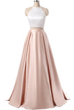 Charming Formal Halter Two Pieces Light Pink Prom Dresses, Simple Satin Prom Gowns OK119