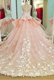 Tulle Lace Scoop Neckline Ball Gown Wedding Dress With Lace Appliques,Quinceanera Dress OK619