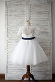 A-line Scoop 1/2 Sleeves Navy Sash Floor-Length Tulle Flower Girl Dress OK726