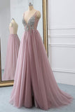 Dusty Pink A Line Tulle Prom Dresses, V Neck Long Graduation Dress with Rhinestone OKJ48