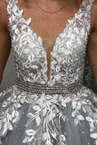 Gray V Neck Long Prom Dresses for Teens, Puffy Appliqued Ball Gown with Beading OKH75