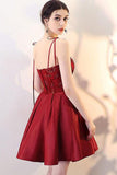 Burgundy V Neck A Line Satin Straps Short Homecoming Dress OKC30