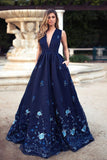 Elegant Prom Dresses,Deep V-Neck Prom Gown,Navy Blue Prom Dress,Satin Prom Dress