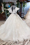 Elegant Ball Gown Big Wedding Dress, Appliques Bridal Dress with Short Sleeves OKN73