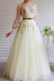 A-line Long Sleeves Tulle Long Prom Dress With Embroidery OKT99