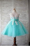 Blue Ball Gown Scoop Sleeveless Bowknot Floor-Length Tulle Appliques Flower Girl Dress OK722