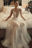 Beaded Tulle Skirt Spaghetti Straps Long Wedding Gowns Beach A-line Illusion Women Bridal Dress OKW50