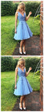 Simple Blue V-Neck Lace Cheap Short Homecoming Dresses With Lace Appliques OKC42