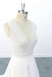 Illusion Boho Wedding Dress with Floral Lace Appliques  Lace Top Wedding Dress With V Back OKU93